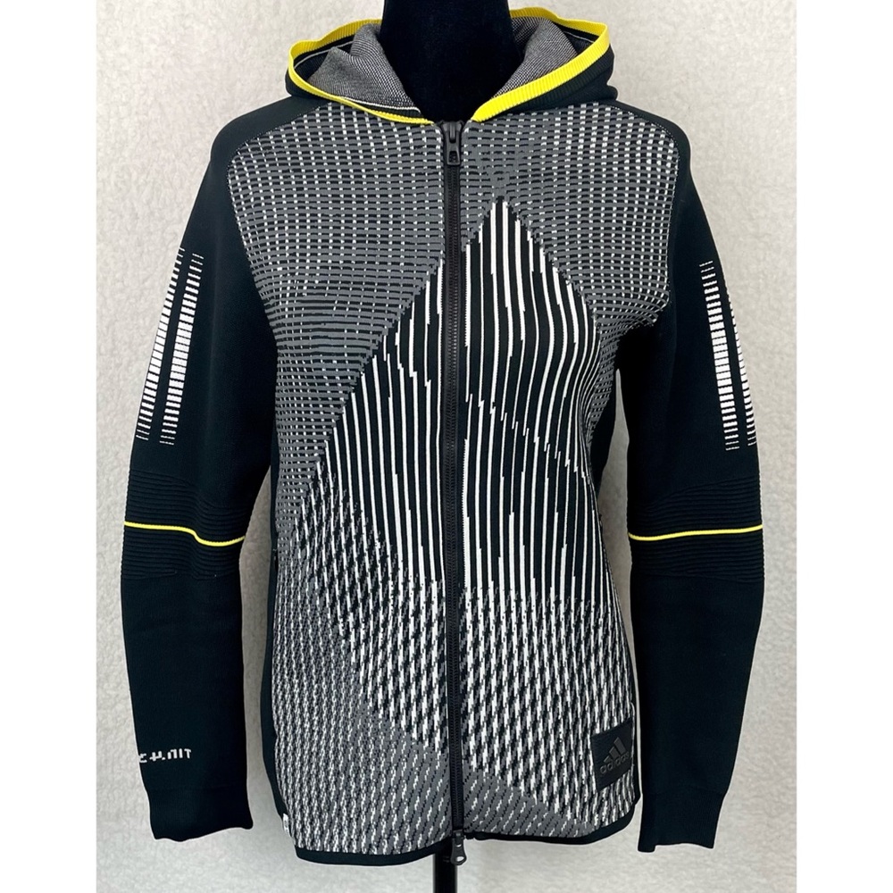 ADIDAS • Black/White/Grey/Yellow Abstract Print Full-Zip Hooded Knit Jacket, S - Picture 7 of 16